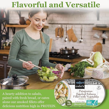 COLE’S - Patagonian Smoked Salmon Fillet with Vegetables| Ready to Eat Meal | 5.6 oz Canned & Hand-Packed | 19g Protein | High in Vitamin D | 12 pack
