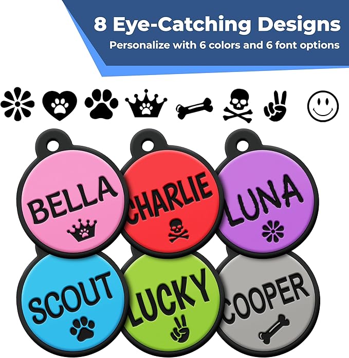 GoTags Silicone Dog Tags, Soundless Pet Tag, Personalized Silent Tag Engraved for Pets with Cute Custom Designs, for Dogs and Cats, (Round, Gray)