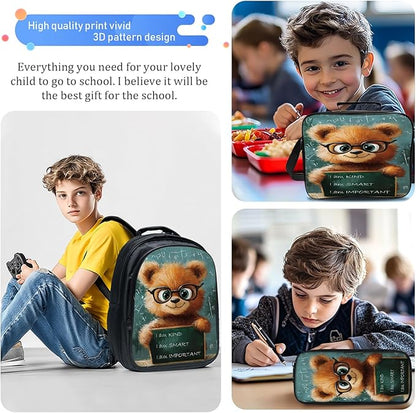 Funny Bear Backpack Set 3 Piece School Bags and Lunch Box with Pencil Case Cute Brown Bear Bookbag Set for Toddler Kids Girls Boys Teens Kindergarten Elementary Middle