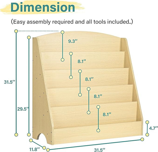 TOETOL 5-Tier Kids Bookshelf - Toddler Book Display Shelves for Classrooms, Playrooms, and Nursery - Wooden Children Book Rack (Natural)