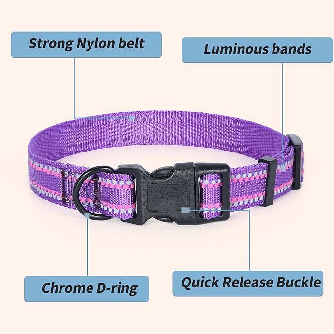 Mile High Life Reflective Dog Collar, Basic Dog Collars Adjustable Quick Release, Soft Nylon Pet Collar with Metal D-Ring for Small Medium Large Dogs (Purple, S Neck11-15")