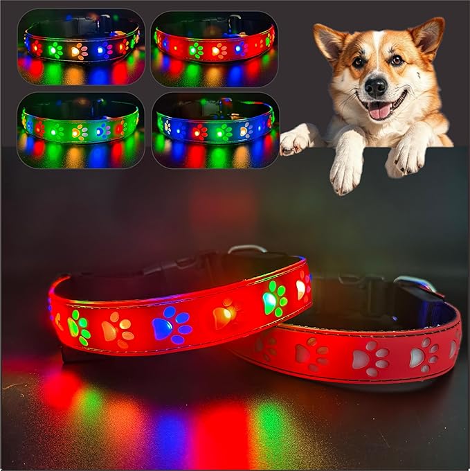 LED Light Up Dog Collar, USB-C Rechargeable, Multicolor Paw Print Design, 15 Modes Lighting Night Safety (RED Pro, L(15.7-19.7"))
