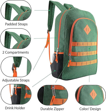 12-Pack 19” Sport Backpacks with 18 Piece School Supplies Kits - Pens, Pencils, Crayons – Bulk Bundle for Elementary, Middle, and High School Students, 4 Assorted Styles