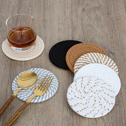 8 Pcs Drink Coasters with Holder, Handwoven Cotton Coasters Set Stackable Absorbent Minimalist Home Decor for Table, Cup, Mug (Brown)