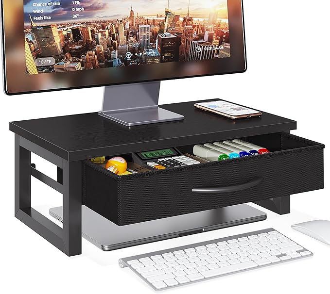 Computer Monitor Stand Riser, Desk Organizers and Accessories with Drawer, 2-Tier Laptop Stand for Desk, Office Organizer Storage, Wood