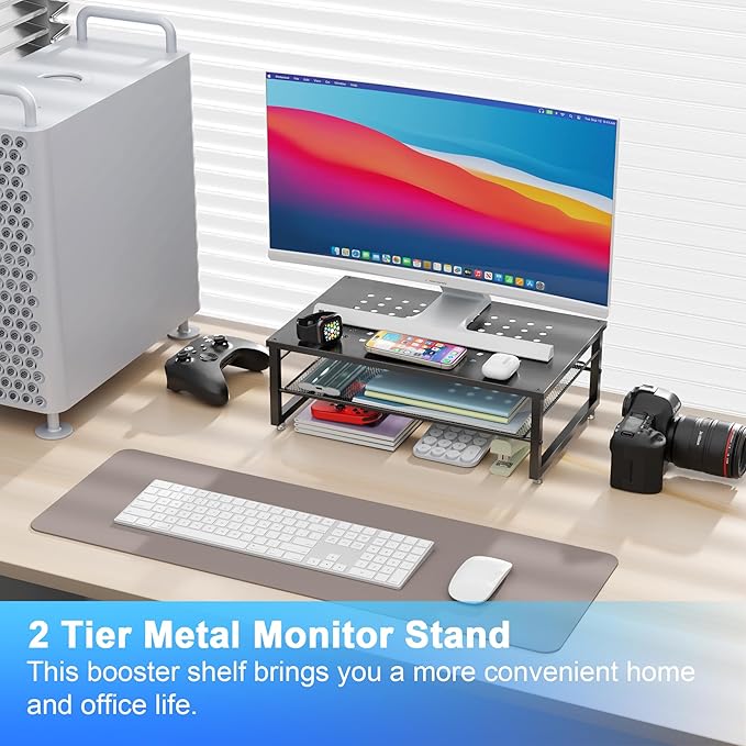gianotter Desk Organizers and Accessories, 2-Tier Metal Monitor Stand Riser, Desk Organizer for Monitor, Office Desk Storage Organizer for Office Supplies (Black)