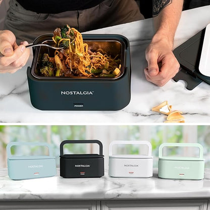 Nostalgia 32-Ounce Heated Electric Lunch Box – Travel Size 4 Cup Capacity for Soup, Pasta, and Leftovers – Leak-Proof Silicone Sealed Lid, Foldable Carry Handle, Detachable Cord – Black