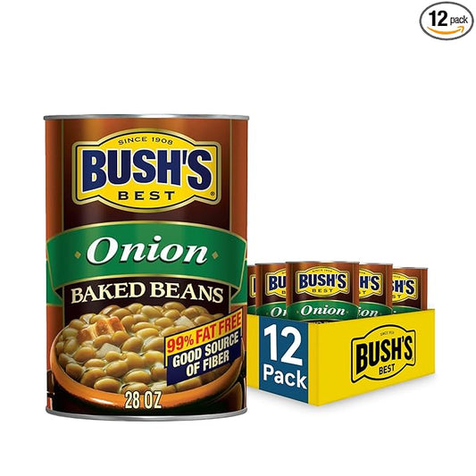 BUSH'S BEST Canned Onion Baked Beans (Pack of 12), Source of Plant Based Protein and Fiber, Low Fat, Gluten Free, 28 oz