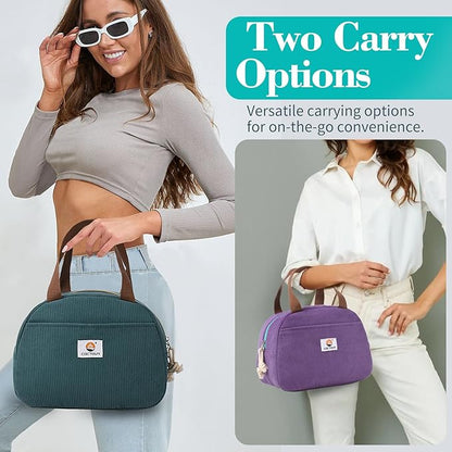 Lunch Box Lunch Bag for Women Girls Teens, Cute Lunch Box Cooler Bag, Portable Small Insulated LunchBox Reusable Corduroy Lunch Tote for Work/Travel/Picnic/School (Lake Green)