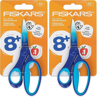 Fiskars 6" Left-Handed Big Kids Scissors for Ages 8-11, Scissors for School or Crafting, Back to School Supplies, Ombre Blue-Turquoise,(Pack of 2)