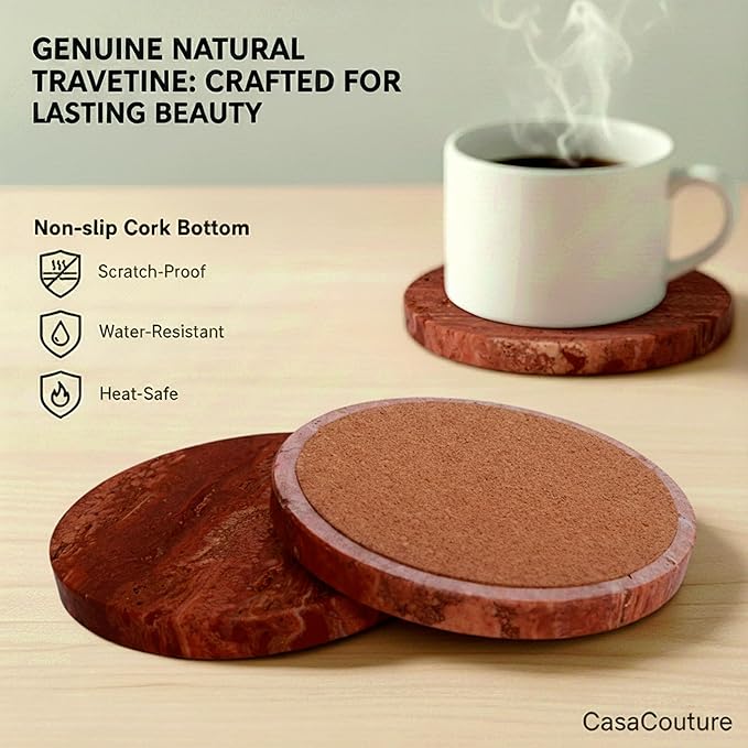 CASACOUTURE-Red Travertine-Stone-Coasters Set of 4-Round -4" Diameter Drink Coasters for Housewarming Desktop Protection Suitable for Various Cups - Sturdy and Durable Aesthetics