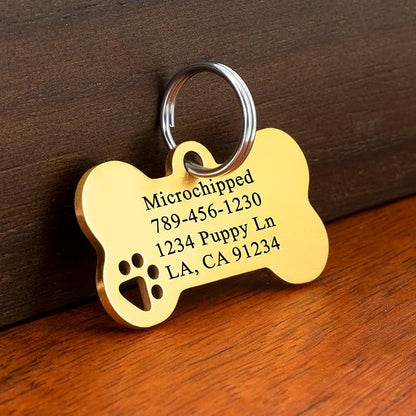 Ultra Joys Dog Tags Personalized for Pets - Hollow Paw Custom Pet ID Tag - Engraved Dog Tag for Small, Large Dogs - Large Bone in Gold