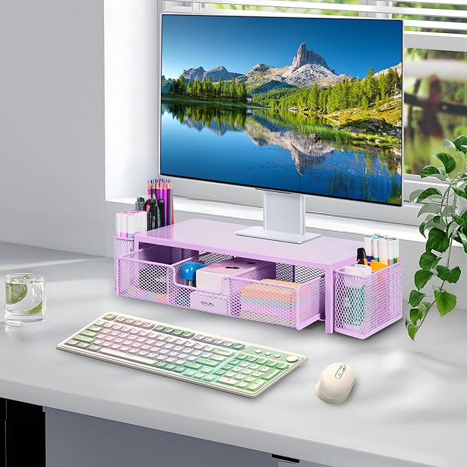 Computer Monitor Stand Riser with Drawer and Pen Holders, Desk Organizer Shelf and Accessories, Office Desk Accessories, Office Organization, Purple