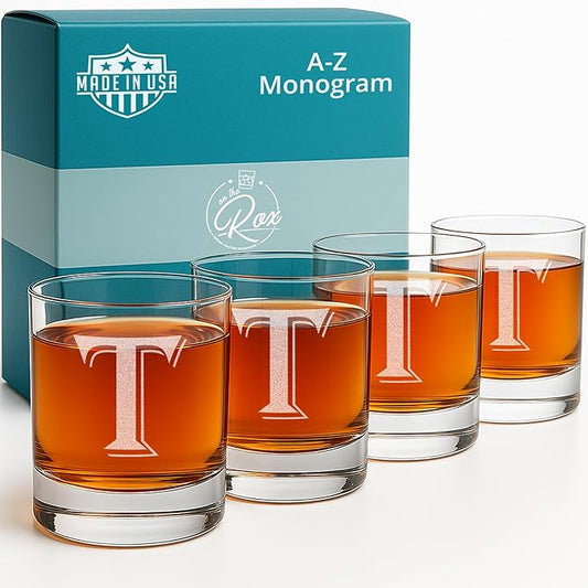 (T-Monogram)- 4 Piece Set of 11 Ounce Engraved Heavy Base Rocks Glasses Elegant Glass-Multi-Purpose Beverage-Rocks Glass- Gift for any Occasion- By: On The Rox