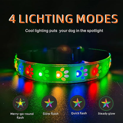 LED Light Up Dog Collar, USB-C Rechargeable, Multicolor Paw Print Design, 15 Modes Lighting Night Safety (Green Pro, M(11.8-15.7"))