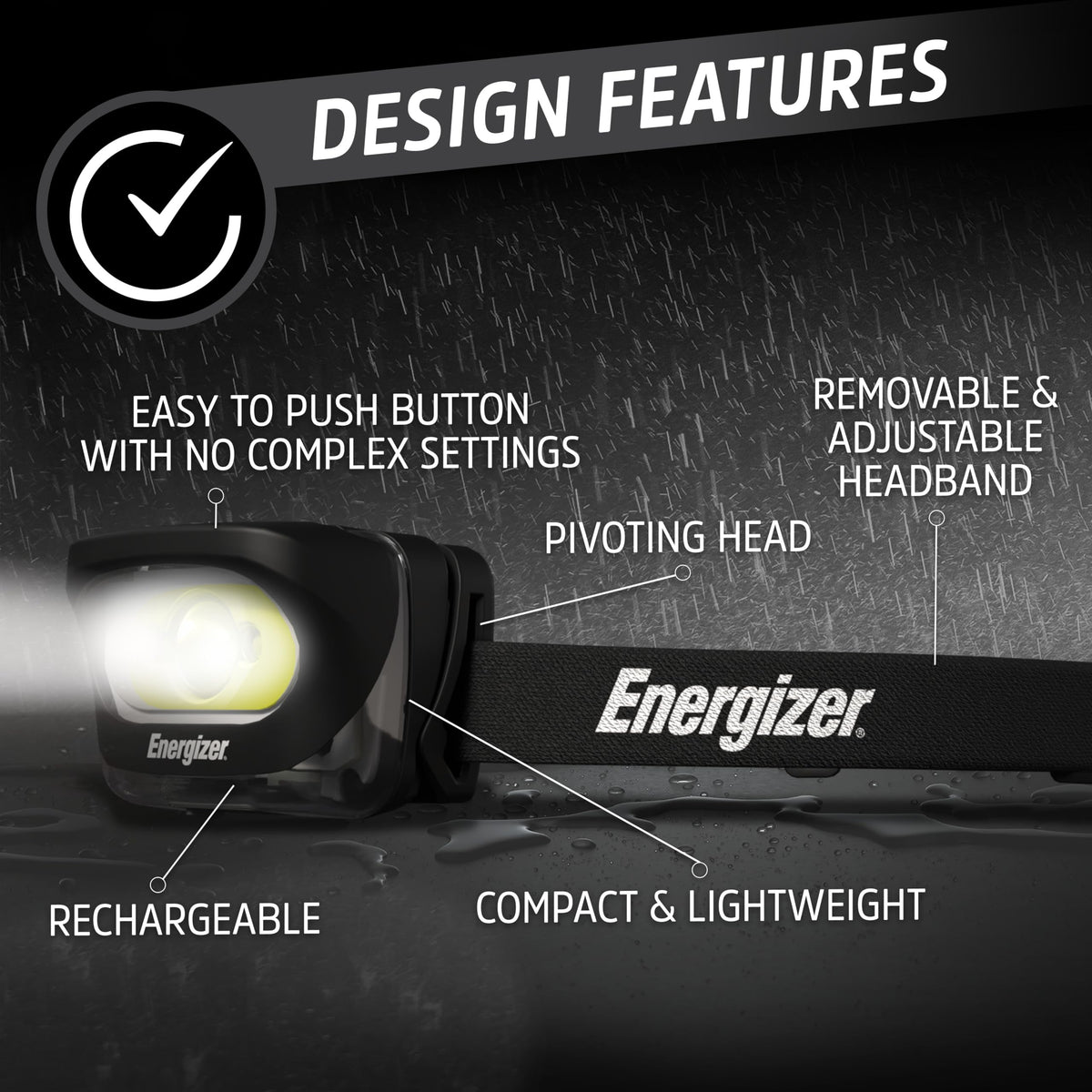 Energizer LED Rechargeable Headlamp (2-Pack), Black, LED Headlamp with Red Light Option, USB Charging Cables Included, Black