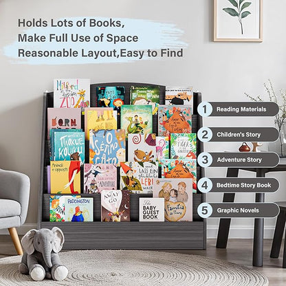 TOETOL 5-Tier Kids Bookshelf - Toddler Book Display Shelves for Classrooms, Playrooms, and Nursery - Wooden Children Book Rack (Gray Wash)