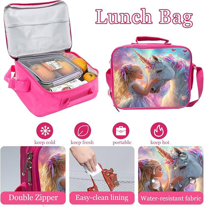 Unicorn Girl Backpack Set 3 Piece School Bags and Lunch Box with Pencil Case Unicorn Bookbag Set for Toddler Kids Girls Boys Teens Kindergarten Elementary Middle