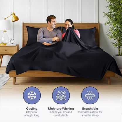 Kickoff Viscose Bamboo Sheets Queen Size 4-pc 100% Organic Bamboo Viscose Bed Cooling Sheets Queen Size Set Cool Bedding for hot Sleepers Sheet, Flat, Fitted, Pillowcases (Onyx Black, Q)
