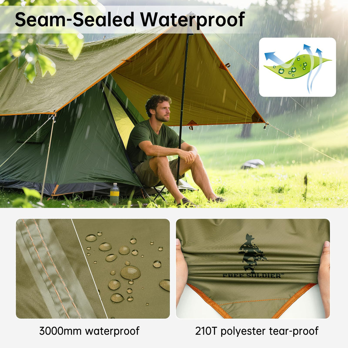 FREE SOLDIER Camping Tarp - 10 x 13ft, Waterproof, Brown