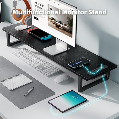 Simple Trending Dual Monitor Stand Riser with 2 USB Charging Ports, Desk Organizer With Drawer and 2 Pen Holders, Shelf for Top of Desk, Black