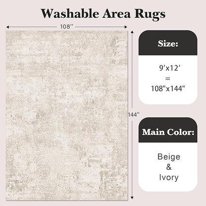 Art&Tuft Washable Rugs 9x12, Ultra Thin Anti-Slip Backing Abstract 9x12 Rug, Low Pile Stain Resistant Area Rugs for Living Room, Foldable Machine Washable Area Rug (9'x12', Beige)