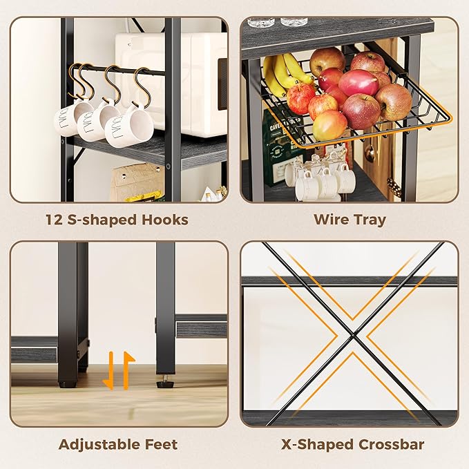 SUPERJARE Large Bakers Rack with Power Outlets, 6-Tier Microwave Stand, Coffee Bar with 12 S-Shaped Hooks, Kitchen Shelf with Wire Basket, 39.3 x 15.5 x 66.9 Inches, Charcoal Gray