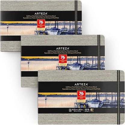 ARTEZA Watercolor Book, Pack of 3, 76 Pages Each, 5.1x8.3 Inch Watercolor Notebook, 110lb/230gsm Cold Pressed Water Pad