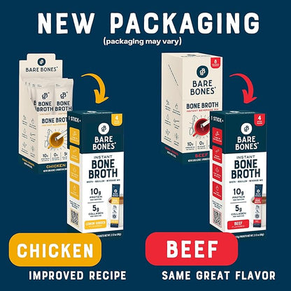 Bare Bones Bone Broth Instant Powdered Beverage Mix, Chicken & Beef, Variety Pack of 8, 4 Chicken & 4 Beef - 15g Sticks, 10g Protein, Keto & Paleo Friendly