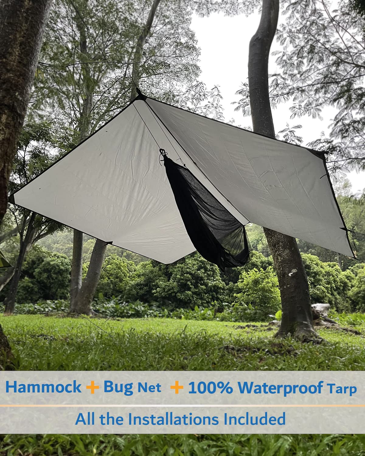 Sunyear Hammock Camping with Rain Fly Tarp and Net, Portable Camping Hammock Double Tree Hammock Outdoor Indoor Backpacking Travel & Survival, 2 Tree Straps,100% Waterproof Black Bundle