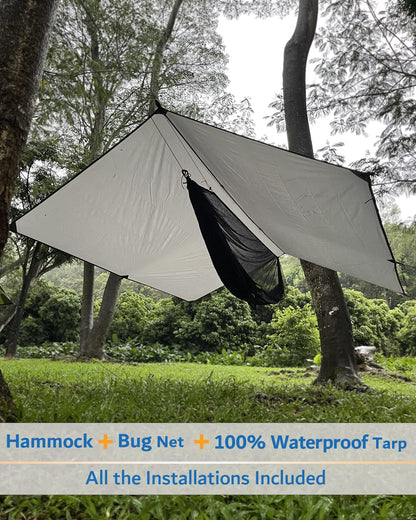 Sunyear Hammock Camping with Rain Fly Tarp and Net, Portable Camping Hammock Double Tree Hammock Outdoor Indoor Backpacking Travel & Survival, 2 Tree Straps,100% Waterproof Black Bundle