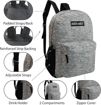 12-Pack 17” Sport Backpacks with 50 Piece School Supplies Kits - Pens, Pencils, Crayons – Bulk Bundle for Elementary, Middle, and High School Students, 12 Assorted Styles