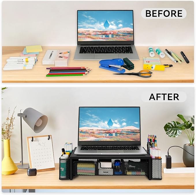 Computer Monitor Stand Riser with Drawer and Pen Holders, Desk Organizer Shelf and Accessories, Office Desk Accessories, Office Organization, Black