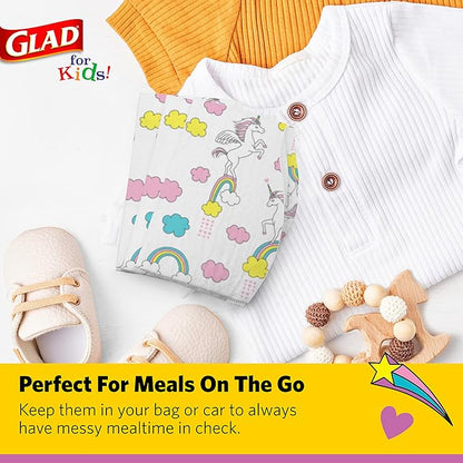 Glad for Kids Unicorn Disposable Paper Bibs with Crumb Catcher, Absorbent Leakproof Bibs for Toddlers and Babies, Mess Free Feeding, Crafts, Parties, and Travel Use, 30 Count