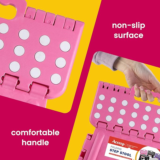 ACSTEP 9 Inch Folding Step Stool - The Lightweight Step Stool is Sturdy and Safe Enough. Opens Easy with One Flip. Great for Kitchen, Bathroom, Bedroom Pink