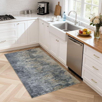 Area Rugs for Living Room: 3x5 Abstract Washable Rug Modern Neutral Large Soft Stain Resistant Non-Slip Backing Machine Table for Bedroom Dining Room Indoor Home Office Carpet - Blue Gold