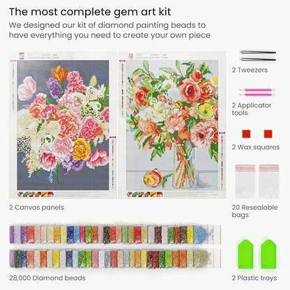 Arteza 5D Diamond Painting Kit, 2-Pack, Floral Designs, Full-Drill Diamond Art for Adults, 12 x 16 Inches Canvases, Round Rhinestones, & Painting Accessories, Bead Art Craft Supplies