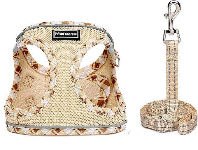 Mercano Soft Mesh Dog Harness and Leash Set, No-Chock Step-in Reflective Breathable Lightweight Easy Walk Vest Harnesses with Safety Buckle for Small Dogs, Cats (Beige, M)