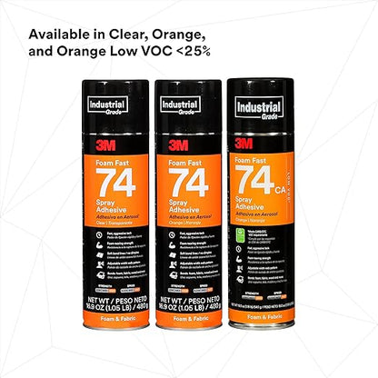3M Foam Fast Spray Adhesive 74, Orange Color, High Strength Bonding, Fabric Adhesive, 24 fl oz Can, 16.9 oz (480 g) Net Wt, NOT FOR SALE IN CA AND OTHER STATES