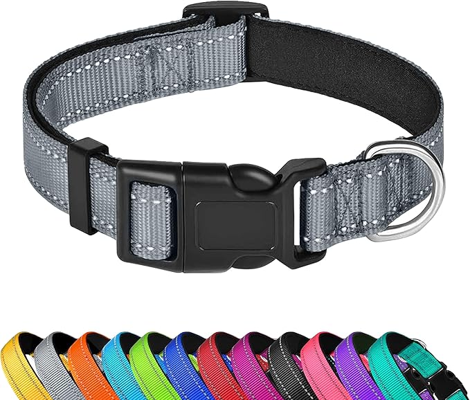Reflective Dog Collar, Adjustable Soft Neoprene Padded Nylon Pet Collars with Buckle for Extra Large Dogs, Gray,XL