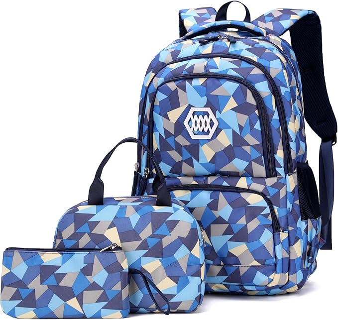 3Pcs Geometric Print Boys Backpack and Lunchbox Set for School Kids, Capacity School Backpack for Boys Elementary Middle School