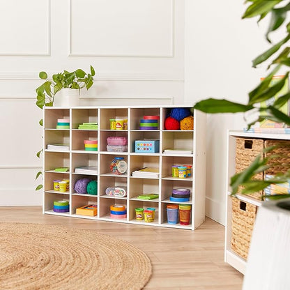 ECR4Kids Streamline 25 Cubby Tray Storage Cabinet, 5x5, Classroom Furniture, White Wash