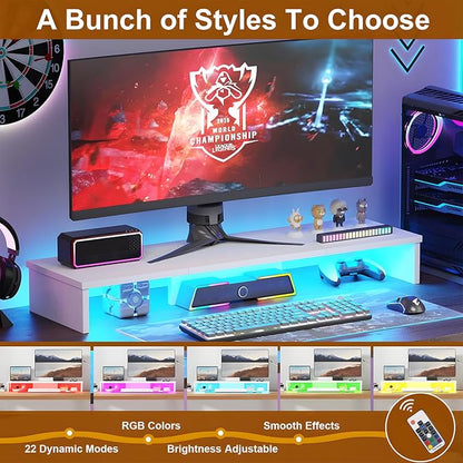 Dual Monitor Stand Riser for Desk with LED Lights, Large Computer Monitor Stand for 2 Monitors, Desk Shelf for Top of Desk, Desktop Organizer for Computer, Laptop, Printer, TV