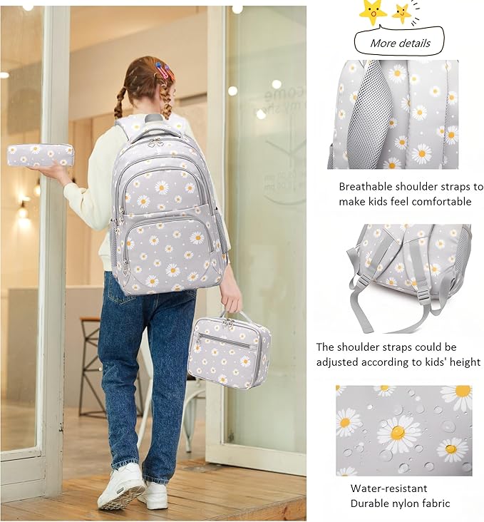 3Pcs Daisy Backpack for Girls with Lunch Box Kids School Bag with Lunch Bag Bookbag for Elementary School