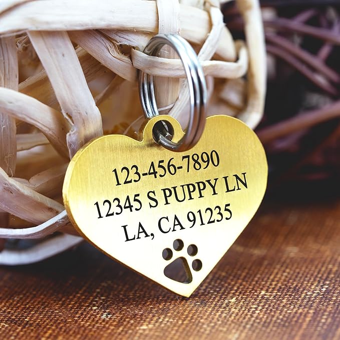 Ultra Joys Dog Tags Personalized for Pets - Hollow Paw Custom Pet ID Tag - Engraved Dog Tag for Small, Large Dogs - Small Heart in Gold