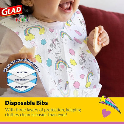 Glad for Kids Unicorn Disposable Paper Bibs with Crumb Catcher, Absorbent Leakproof Bibs for Toddlers and Babies, Mess Free Feeding, Crafts, Parties, and Travel Use, 30 Count