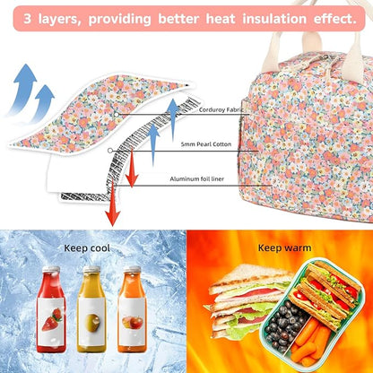 LEDAOU Lunch Box for Women Insulated Lunch Bag Corduroy Lunch Tote Bags Leakproof Cooler Lunch Case for Travel Work Picnic