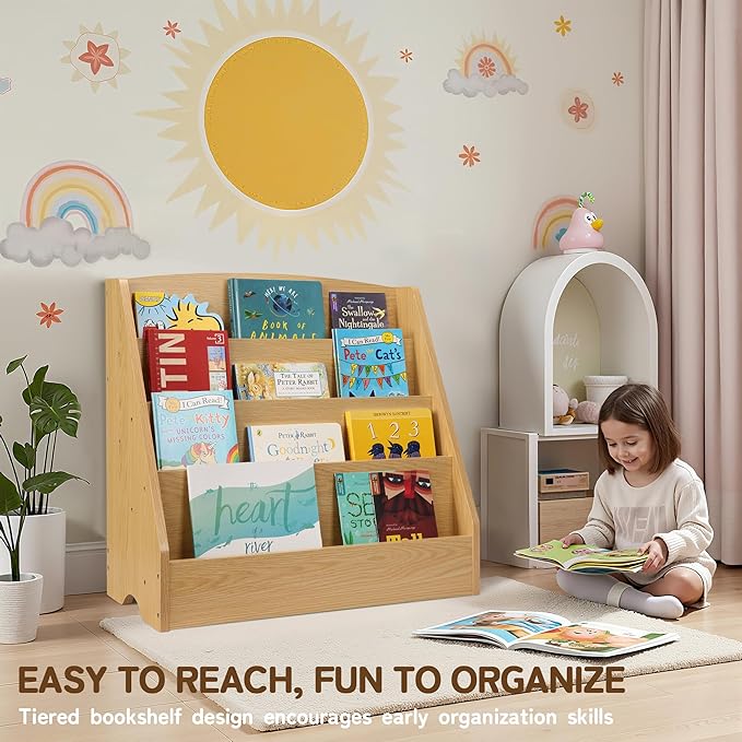 TOETOL 4-Tier Kids Bookshelf - Toddler Book Display Shelves for Classrooms, Playrooms, and Nursery - Wooden Children Book Rack (Natural)