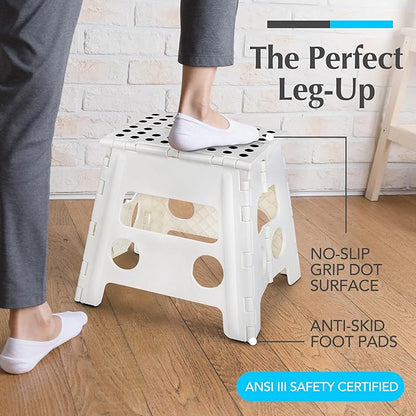 Handy Laundry Folding Lightweight Step Stool - Sturdy Enough to Support Adults and Safe Enough for Kids - Opens Easy with One Flip - Great for Kitchen, Bathroom or Bedroom (White - 13 inch)