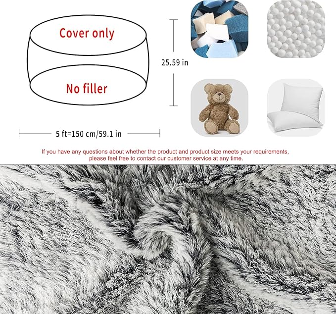 (No Filler Bean Bag Chair Cover Without Filler,Big Round Soft Fluffy PV Velvet Washable Bean Bag Lazy Sofa Bed Cover for Adults,Living Room Bedroom Furniture Outside,5ft Snow Grey
